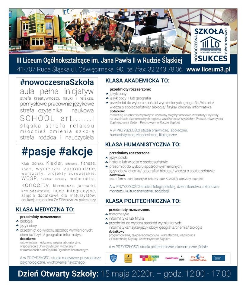 Co roku Giełda Szkół Ponadpodstawowych, organizowana w hali MOSiR w Halembie, pomaga wybrać absolwentom dalszą ścieżkę edukacji. Jednak w tym roku ze względu na wprowadzony stan epidemii, z ofertą edukacyjną rudzkich szkół można zapoznać się w wersji elektronicznej, a także dzwoniąc do danej szkoły w celu uzyskania szczegółowych informacji.