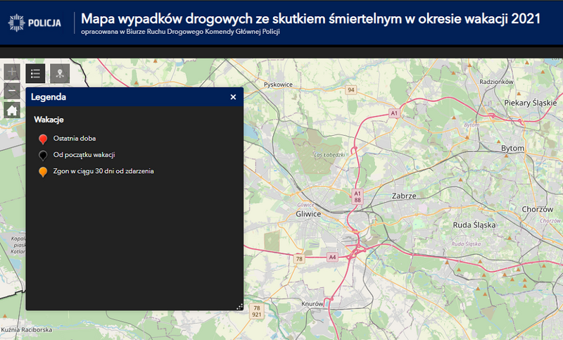 Policyjna mapa wypadków drogowych ze skutkiem śmiertelnym - wakacje 2021